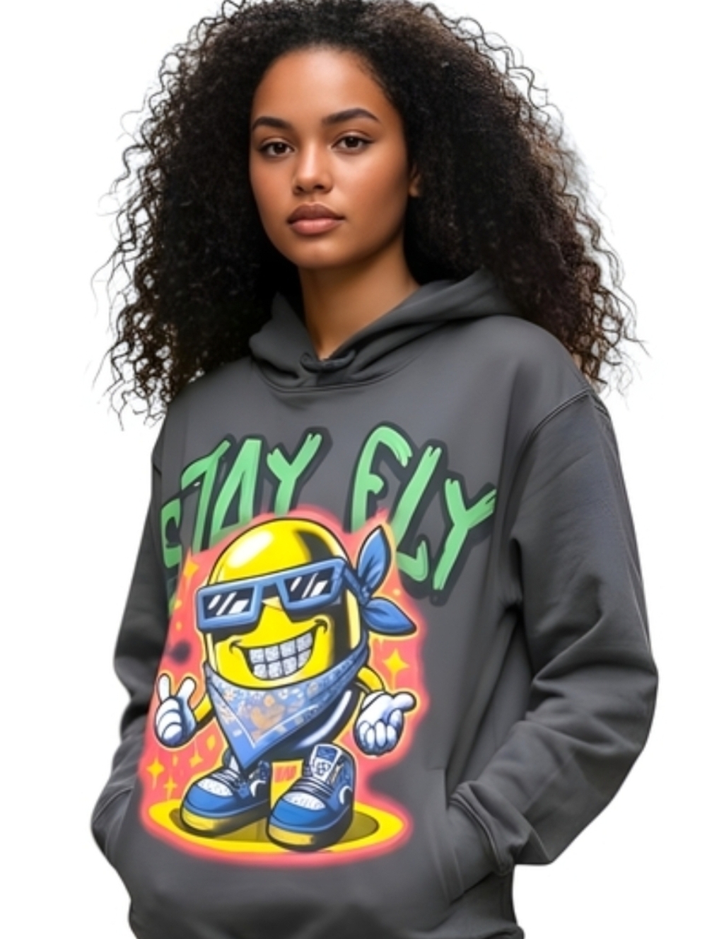 STAY FLY Unisex Pull-over Med Grey Hoodie W/ Cartoon Character By SWITCH - NWT